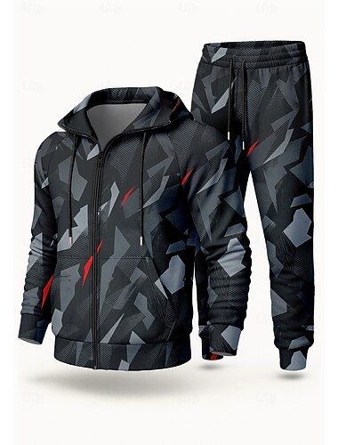  בגדי ריקוד גברים קפוצ'ון אימונית activewear הגדר שרוך לרכוס גֵאוֹמֶטרִיָה חליפות בגדים סתיו אפור כהה מקצוע חוץ נסיעות קל משקל אופנתי שרוול ארוך ספורט לבוש אקטיבי סטרצ'י (נמתח) רגיל