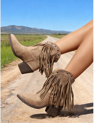  stivaletti da donna in finta pelle scamosciata marrone con frange e borchie – stivaletti con tacco a blocco e nappe in stile cowboy western per festival country, concerti musicali e look boho