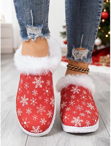  Γυναικείες γιορτινές παντόφλες με slip-on σχέδιο χιονονιφάδας - εορταστικά κόκκινα slip-on παπούτσια με χνουδωτή λευκή τεχνητή γούνα για χειμερινή άνεση, ιδανικά για χριστουγεννιάτικο πρωινό και casual ντύσιμο