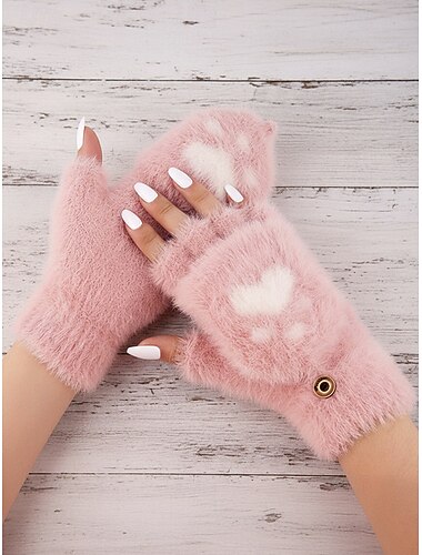  Guantes sin dedos de punto afelpado con estampado de huellas de gato para mujer – tejido suave y afelpado, disponibles en varios colores, perfectos para el invierno y para un look casual.
