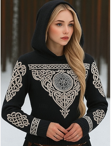  Жен. Свитер с узором Fair Isle Винтаж На каждый день Геометрический принт Капюшон Капюшон Длинный рукав Обычные топы Вязать Повседневные Праздники Черный Темно-серый Весна Осень