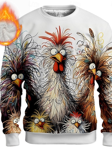  男性用 おんどり 不機嫌そうな フリース スウェットシャツ 日常 カジュアル 3D クルーネック 家 パーティー 贈り物 ストリートウェア ライトブルー レイクブルー ブラック ホワイト ルビーレッド 3Dプリント 秋 冬 デザイナー S M L XL XXL XXXL