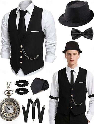  Zestaw Retro / vintage Ryczące 20s 1920 roku Stroje Kamizelka Kapelusz panamski Wielki Gatsby Pan Moda Strój na bal maskowy Męskie Święta Halloween Karnawał Studniówka Wieczór panieński Festiwal Dla
