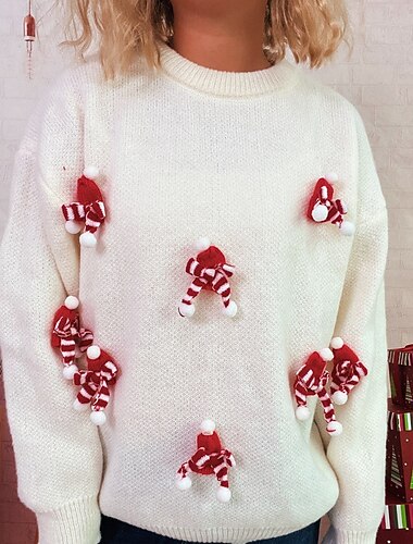  בגדי ריקוד נשים סוודר פונפונים מתנת חג המולד סגנון רחוב פרחוני צווארון עגול קצר סרוג שרוול ארוך חולצות רגילות לִסְרוֹג חג מולד חגים ליציאה לבן אודם סתיו חורף