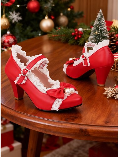  Rode Mary Jane-hakken voor dames met strik en pareldetail – elegante lolita-stijl uit de jaren 50, perfect voor kerstfeestjes, formele evenementen en speciale gelegenheden