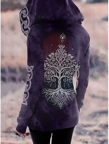  Női Cipzáras kapucnis pulóver Grafika Törzsi Divat Alkalmi Hosszú ujj Kapucni Normál felsők Utca Hétköznapi Cipzár Zseb Nyomtatott Bíbor Lóhere khakizöld Szürke Tavasz Ősz