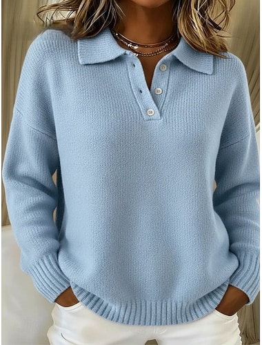  Damen Pullover Lässig Hemdkragen Gestrickt Langarm Normale Oberteile Stricken Täglich Blau Herbst Winter