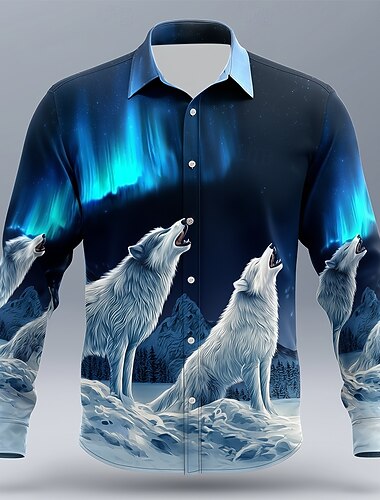  Miesten Eläin Susi Aurora Paita Button Up paita Pitkähihainen Vintage retro ulko- Kausaliteetti Metsästys Kevät Syksy Sänkyjen avaus 3D-tulostus kauluspaidat Tummansininen #1 Tumman sininen