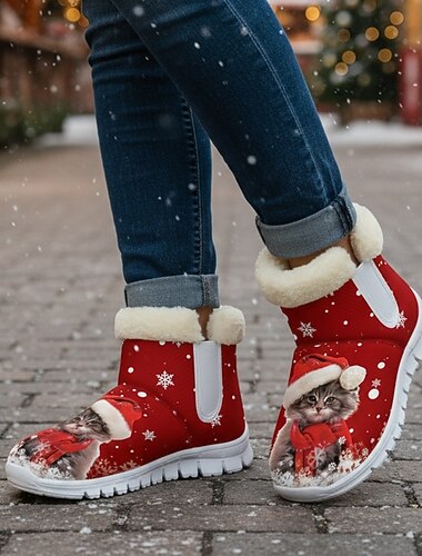  Dame varme julestøvler med pelsfor og sødt julekatteprint – hyggelig vinterstil, skridsikker let sål, perfekt til julefester, gåture udendørs, fritidstøj og julegaver
