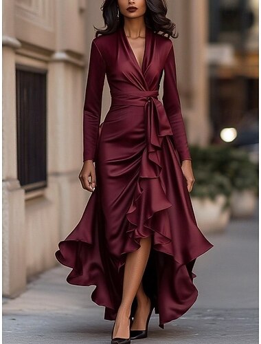  Dame Svart Vin Blå Høst Vinter Midikjole Tubekjole Bursdag Formelt Semiformelle kjoler Formell Bryllup Normal V-hals