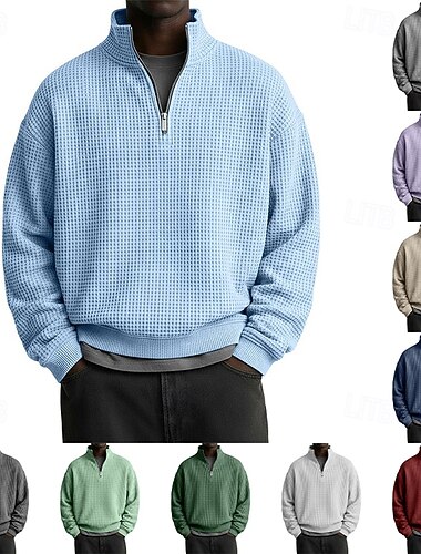  Homme Sweat-shirt Sweat-shirt gaufré Pull Sweat-shirt quart de fermeture éclair Abricot Rouge vin Blanche Vert Claire bleu marine Col montant Uni Fermeture éclair Texturé Sport & Loisir Occasionnel