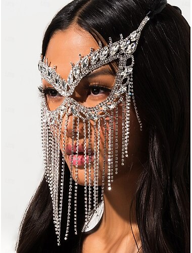  Diadema con flecos de cristal y diamantes de imitación para mujer: tocado brillante con cadena facial para fiestas Gatsby, actuaciones y eventos nocturnos.