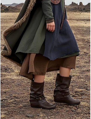  Mittelalterlich inspirierte braune Stiefeletten aus Kunstleder für Damen – Schnallendesign, bequemer Keilabsatz, trendige Freizeitschuhe für Retro-Partys, Herbst und Winter