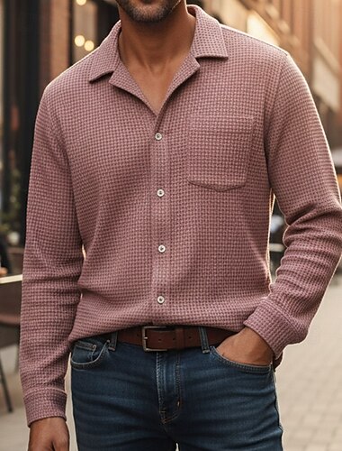  Homme Chemise Chemise gaufrée Chemise Décontractée Chemise à col cubain Bleu Noir Rose Claire bleu marine Vert manche longue Uni Col cubain Extérieur Maison Avec Poches Vêtement Tenue Mode Streetwear