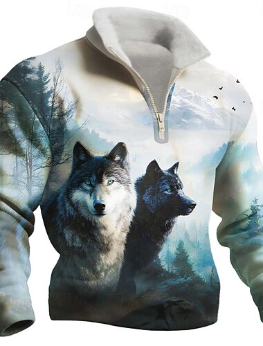  Herr Djur Varg Fleece Tröja Mode Ledigt 3D Hög krage Fjärdedels blixtlås Utomhus Semester Gåva Streetwear Blå Blå 1 blå 3# Blå 2# Halv dragkedja Höst Vinter Designer S M L XL XXL XXXL