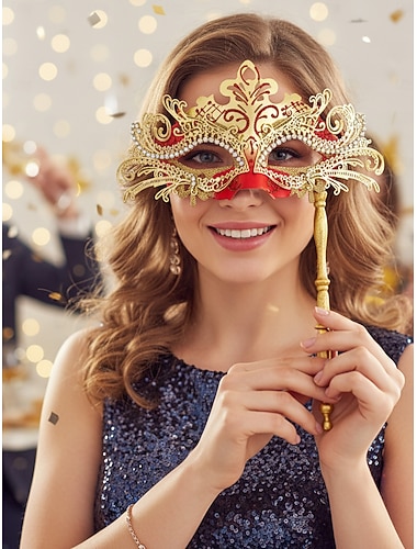  maschera da ballo da donna con strass e manico - elegante oro &maschera rossa portatile per feste di Capodanno, balli &eventi di danza formale