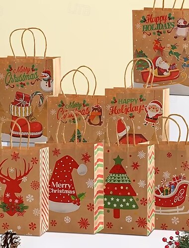  Juego de 40 bolsas de regalo navideñas: 8 bolsas de regalo de papel kraft con asas, 16 etiquetas de regalo &16 cordeles, perfectos para envolver regalos navideños. &Artículos para fiestas navideñas
