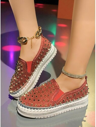  レディース グリッタースタッズ スリッポン スニーカー - ナイトライフ パーティーやクラブウェアに最適な、ラインストーントリムのキラキラ光るプラットフォーム カジュアルシューズ &お祝いの衣装