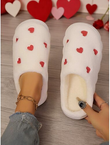  Witte pluche fleece pantoffels voor dames met rood hartborduurwerk - warme, zachte dikke zool pantoffels voor de slaapkamer, Valentijnsdag en cadeaus