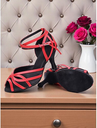  أحذية رقص لاتينية نسائية من الساتان باللونين الأحمر والأسود - أحذية بكعب مفتوح من الأمام وأشرطة للرقص في قاعة الرقص، السالسا والتانجو وحفلات المساء