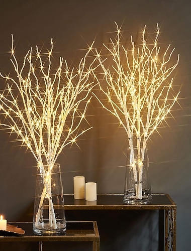  Branche de bouleau artificielle illuminée pour Noël, avec guirlande lumineuse, pour décoration de fêtes, mariages, fonctionne avec des piles AA, 70 cm / 27,56 pouces, 50 LED.