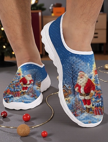 Herresko med juleøl og nissemotiv - morsomme slip-on-sneakers med trykk og pustende detaljer, uformelle høytidssko til fester og gaver