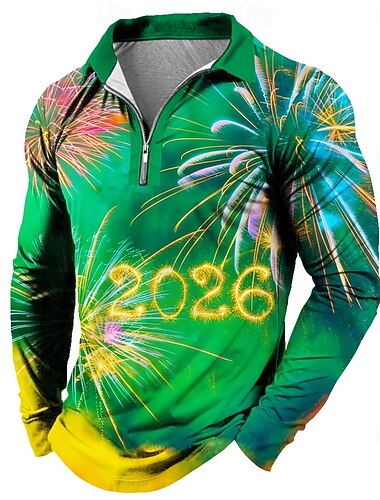  Nieuwjaar Voor heren Vuurwerk Polo Lange mouw Poloshirt Revers Casual Alledaagse kleding Festivaloutfit 3D-afdrukken Polo met kwartrits Lente Herfst Winter blauw Rood Hemelsblauw