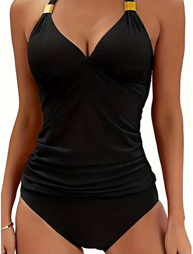  Damen Tankini 2-teiliges Badeanzug Rüsch Slip Bauch Kontrolle Hohe Taille Slim Rückenfrei Urlaub Strandbekleidung Einfarbiger Halter-Ausschnitt Ärmellos Badeanzüge