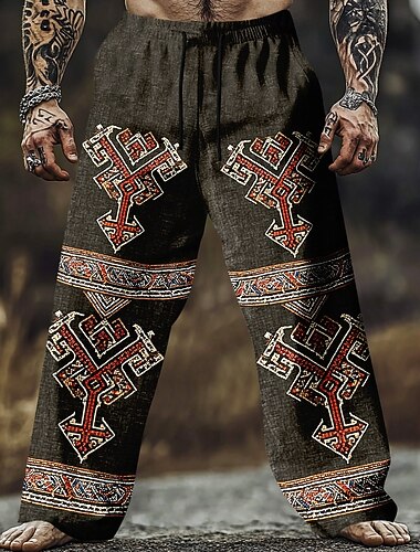  Hombre Diseño Geométrico Vikingo Arte celta Pantalones Pantalones casuales Pantalones anchos Media cintura retro de la vendimia Casual Exterior Cintura elástica con cordón Pantalones tipo lino con