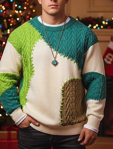  בגדי ריקוד גברים סוודר סוודר סוודר סרוג מצולע לִסְרוֹג חולצות רגילות טלאים סרוג קולור בלוק צווארון עגול קצר אופנתי בסיסי חופשה לבוש יומיומי ביגוד סתיו חורף ירוק חאקי M L XL