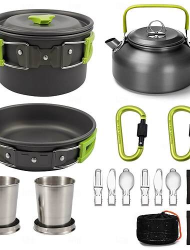  kookgerei voor buiten, kamperen, karabijnhaak, reisservies, bestek, kookgerei, wandelen, picknick, kookgereiset voor 2-3 personen