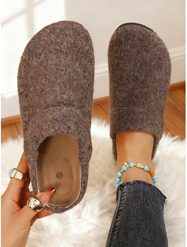  Dames koffiekleurige instapklompen van imitatieviltwol met knoopdetail – comfortabele, warme muiltjes voor binnen en buiten voor casual wandelingen en thuisgebruik