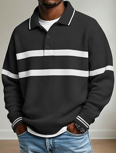  בגדי ריקוד גברים רצועות אופקיות חולצות פולו וופל רוגבי פולו שרוול ארוך חולצות פולו דש בגדי ספורט יום יומי בית הספר בגדי ספורט ומנוחה לבוש יומיומי הדפסת תלת מימד אביב סתיו חורף פול שחור אודם