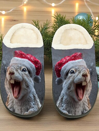  Grappige kerstpantoffels voor heren - schattige warme pluche pantoffels met konijnenprint voor kerstavond, om thuis te ontspannen en cadeau te geven