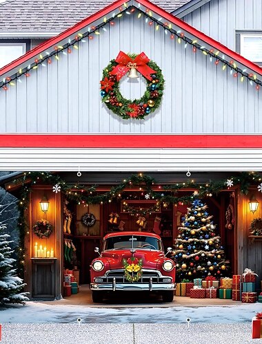  Julegarasjeportdeksel julenissens hus stort hengende bakteppe for 2 biler utendørs høytidsfestdekorasjon 2D flatttrykk festlig veggbanner hage hjem julescene bakgrunn 7*8 fot