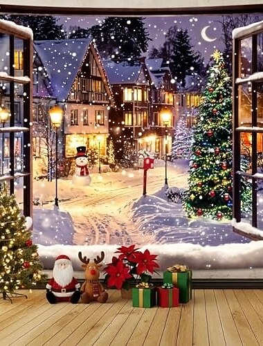  Vánoční krajinomalba, nástěnná tapiserie, klidná scéna sněhuláků na ulici za oknem, velká sváteční dekorace na pozadí do ložnice, obývacího pokoje, párty