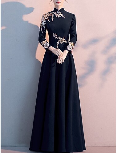  Robe A-Line mère de la mariée élégante simple col montant longueur sol tissu extensible manches longues avec plis appliqués taille personnalisée gratuite