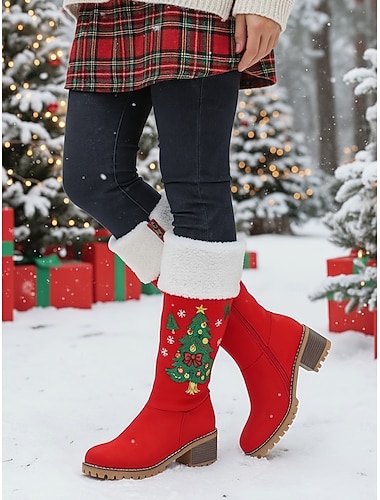  Botas altas rojas de mujer con bordado de árbol de Navidad: botas de invierno cálidas con forro de piel sintética, ideales para conjuntos navideños, fiestas de Navidad y actividades al aire libre.