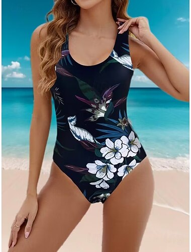  Dames Een Delig Badpak Slank Palm Monokini Buikcontrole Hoge Taille Slank Rugloos Vakantie Vintage Bloem Grafische U Hals Mouwloos Badpakken