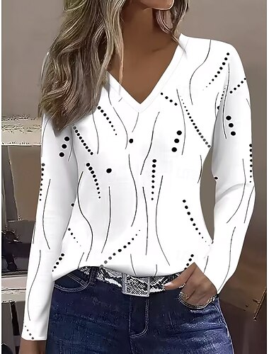  בגדי ריקוד נשים חולצה קצרה גראפי גיאומטרי מופשט וינטאג' מסוגנן קלסי שרוול ארוך צווארון V חולצות רגילות יומי דפוס לבן צהוב פול סגול אביב סתיו