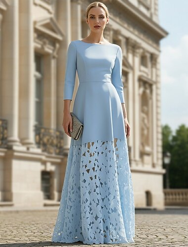  Ligne A Longueur au sol Robe de Soirée Élégant La mère de la mariée Mariage décontracté / de jour Manche 3/4 Col Bateau Formel Mariage Crêpe Extensible avec Appliques