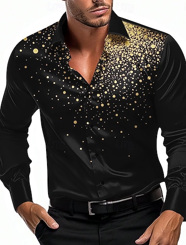  Herre Geometrisk Polkadotter Gradert Skjorte Sateng skjorte Dresskjorter Langermet Fashion Casual Feriereise Hverdag Sommer Vår Høst Aftæpning 3D-utskrift Skjorter med knapper Hvit+Svart Svart Gull