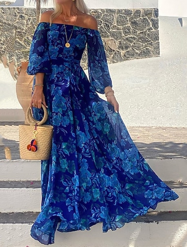  Damen Langes Kleid Maxikleid Abschlussballkleid Partykleid Cocktailkleid Chiffonkleid Mode Abendgesellschaft Party Besonderer Anlass Lässiger Schnitt Blumen Langarm Schulterfrei Blau Frühling Herbst