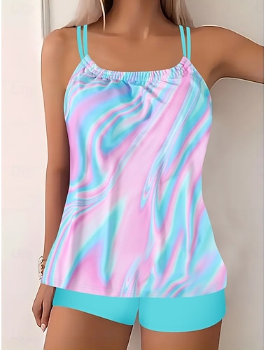  Tankini deux pièces maillot de bain pour femmes shorts contrôle du ventre taille haute dos nu vacances plage floral col halter sans manches