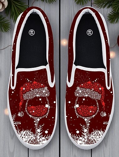  scarpe slip-on natalizie rosse da donna con stampa di calici di spumante: calzature eleganti per le feste con design scintillante, perfette per feste di Natale, uscite informali e regali