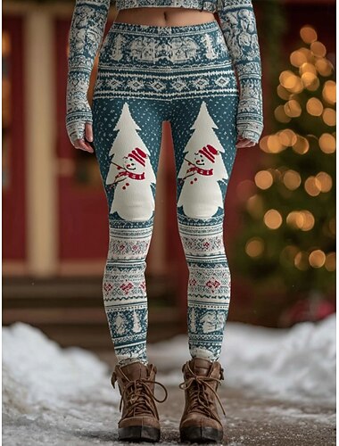  Dame Leggings Ferie Årgang Mote Full lengde Høy MidjePantsJul Grafisk Snøfnugg Jul Printer Hold Varm Myk Pustende Elastisk utendørs Feriereise Daglig Rød Burgunder Lyseblå Høst Vinter Slank Fasong