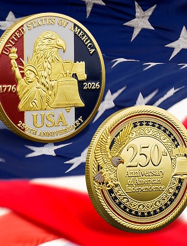  250ste Verjaardag Herdenkingsmunten - Gouden Amerikaanse Vlag  Vrijheid Bel Ontwerp Verzamelmunten Duurzame Metalen Verjaardagsmunten voor Weergave Verzamelaars Patriottisch Semiquincentennial