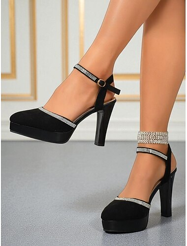  Damskie czarne czółenka na platformie z paskiem wokół kostki i cyrkoniami – efektowne szpilki na imprezę &klubowe, stylowe i eleganckie buty dla kobiet podążających za modą