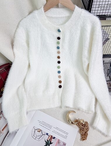  בגדי ריקוד נשים סוודר קרדיגן פונפונים מתנת חג המולד וינטאג' צבע אחיד מצולע צווארון עגול קצר כפתורים סרוג שרוול ארוך חולצות רגילות לִסְרוֹג חג מולד בָּחוּץ ליציאה יין אדום לבן סתיו חורף