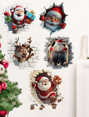  クリスマス 3D 画期的なウォールステッカー 5 枚パック、サンタクロース スノー ギフト デリバリー 粘着式ウォールデカール、お祭り気分を盛り上げるホリデー ホームデコレーション 取り外し可能なクリスマスステッカー